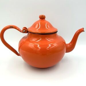 Vintage Orange Enamel Teapot: Yugoslavian Mid-Century Kitchen Decor